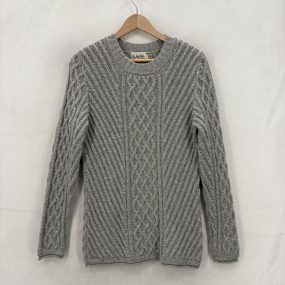 SAOL Sweater Womens Medium Gray Wool Blend Cable Knit Crewneck Fisherman Ireland